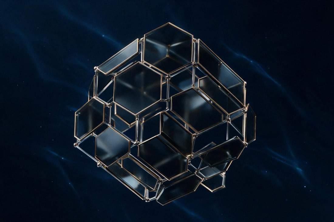 A faceted transparent lattice structure suspended in dark space, used to illustrate divisible ownership.